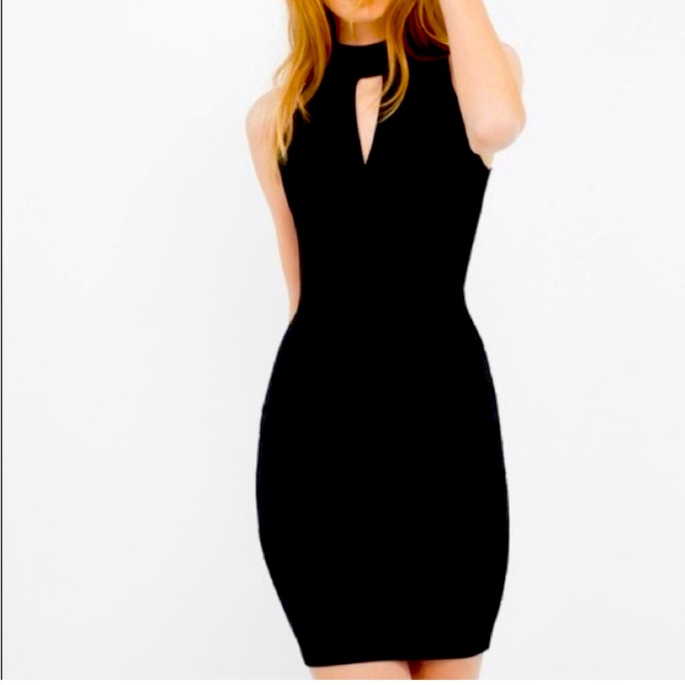 White House/Black Market Form Fitted Black Layered Dress with Front Keyhole